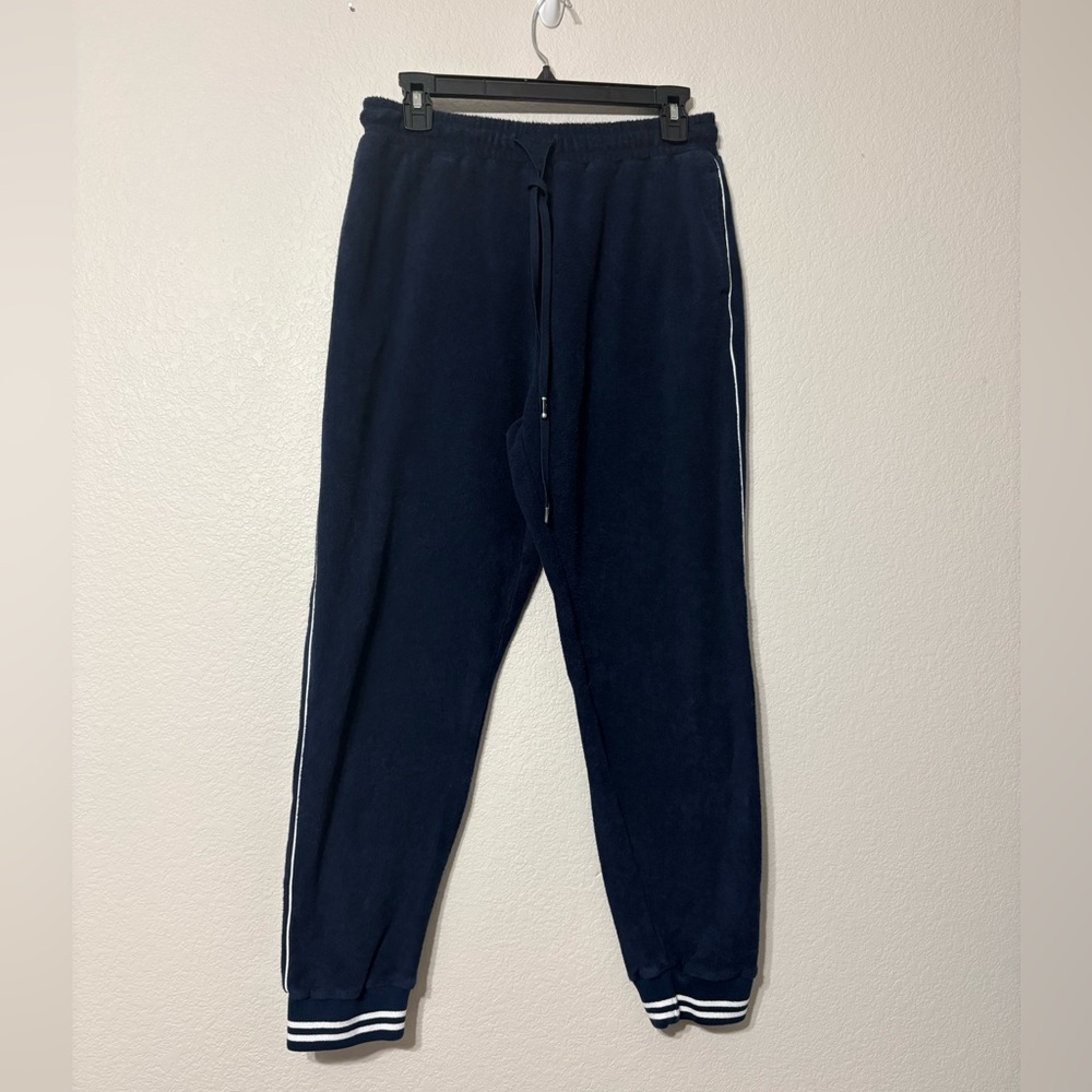 The Upside Navy French Terry Joggers with White Stripe, Elastic Waist, Pockets M